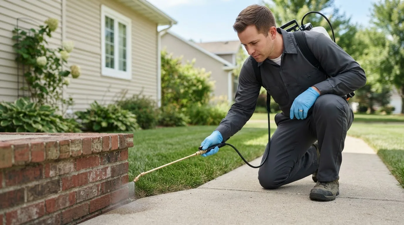 Pest control technician treating a home near Success, AR