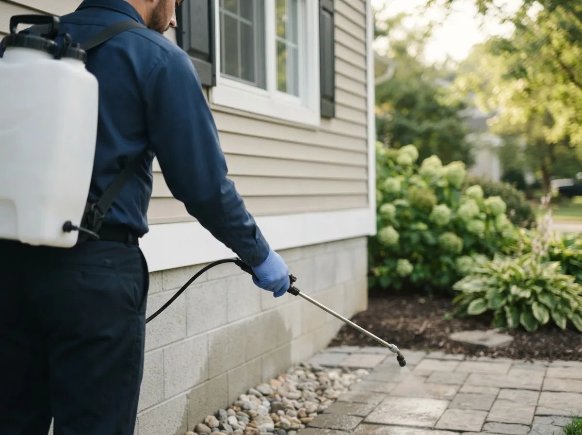 Pest control technician inspecting a home in Success, AR